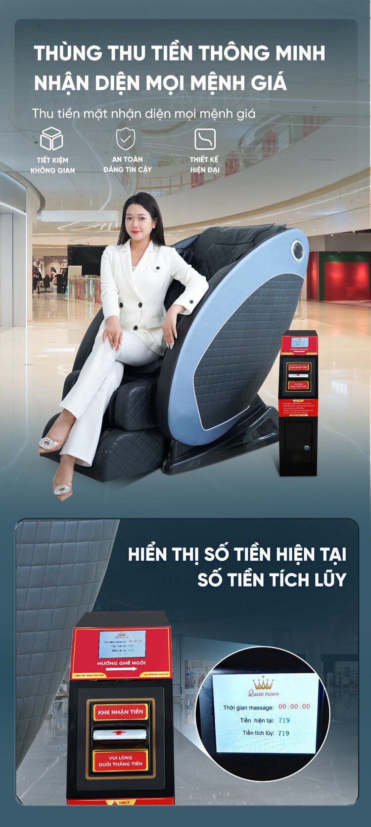 Ghế massage kinh doanh Queen Crown QC KD7 Plus tích hợp thùng thu tiền