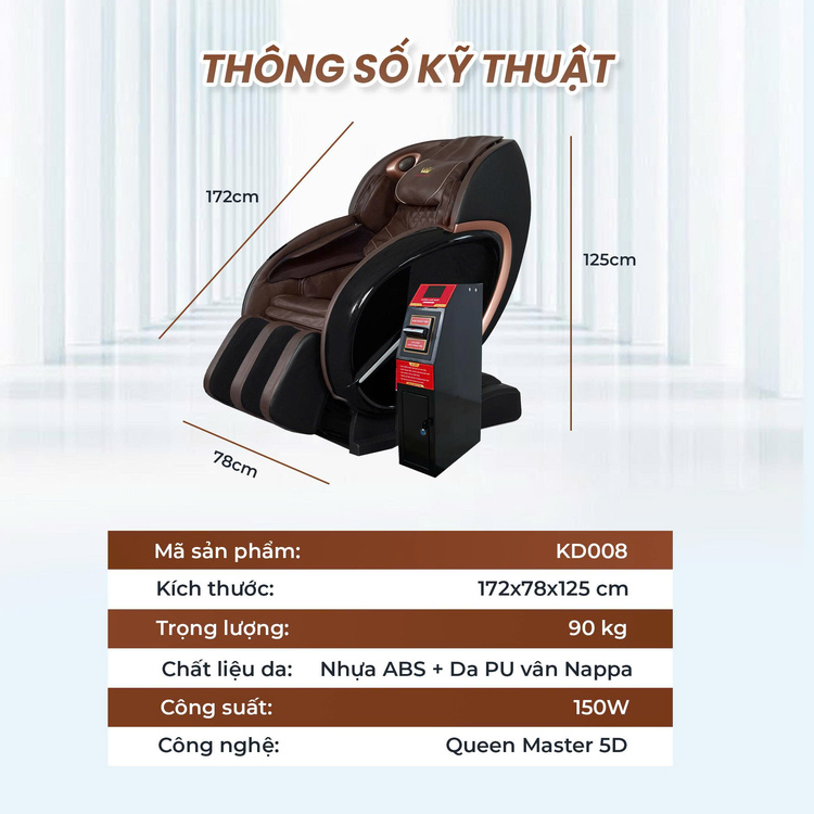 Ghế massage kinh doanh Queen Crown KD008 - Thông số kỹ thuật