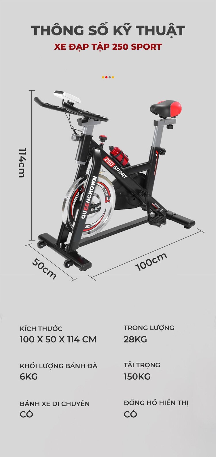 thông số kỹ thuật Xe đạp tập thể dục Queen Crown QC 250 Sport