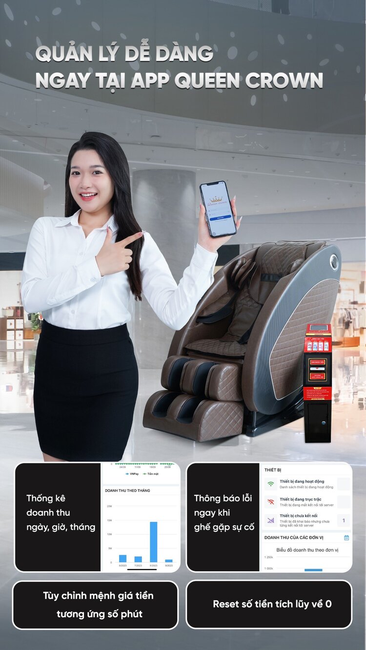 Ghế massage kinh doanh Queen Crown QC KD7 QR quản lý trên app queen crown