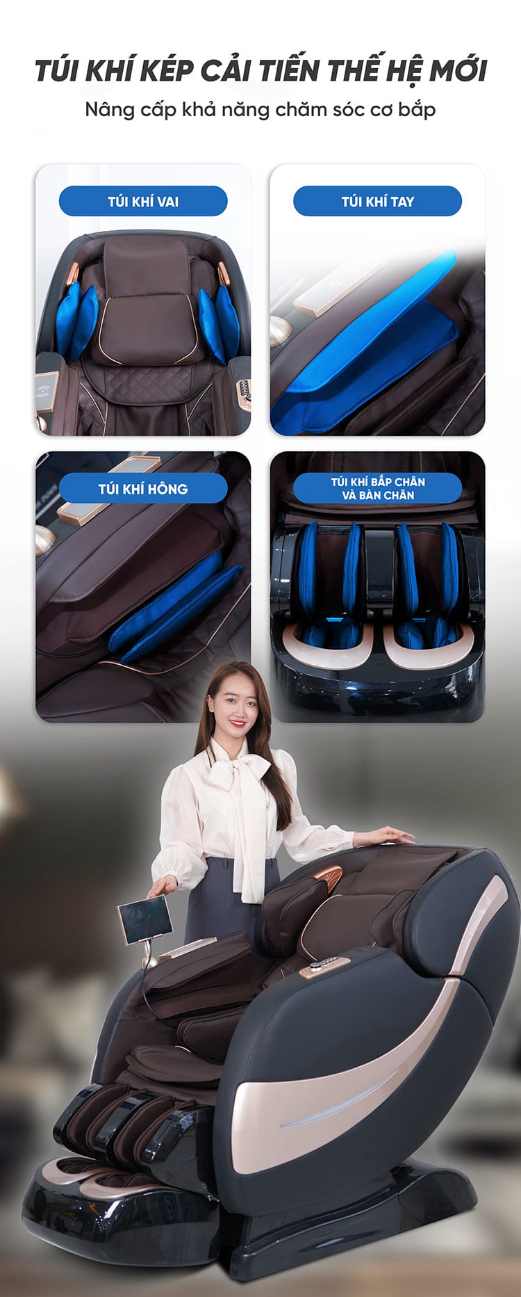Ghế massage Queen Crown QL007 Luxury trang bị hệ thống túi khí kép