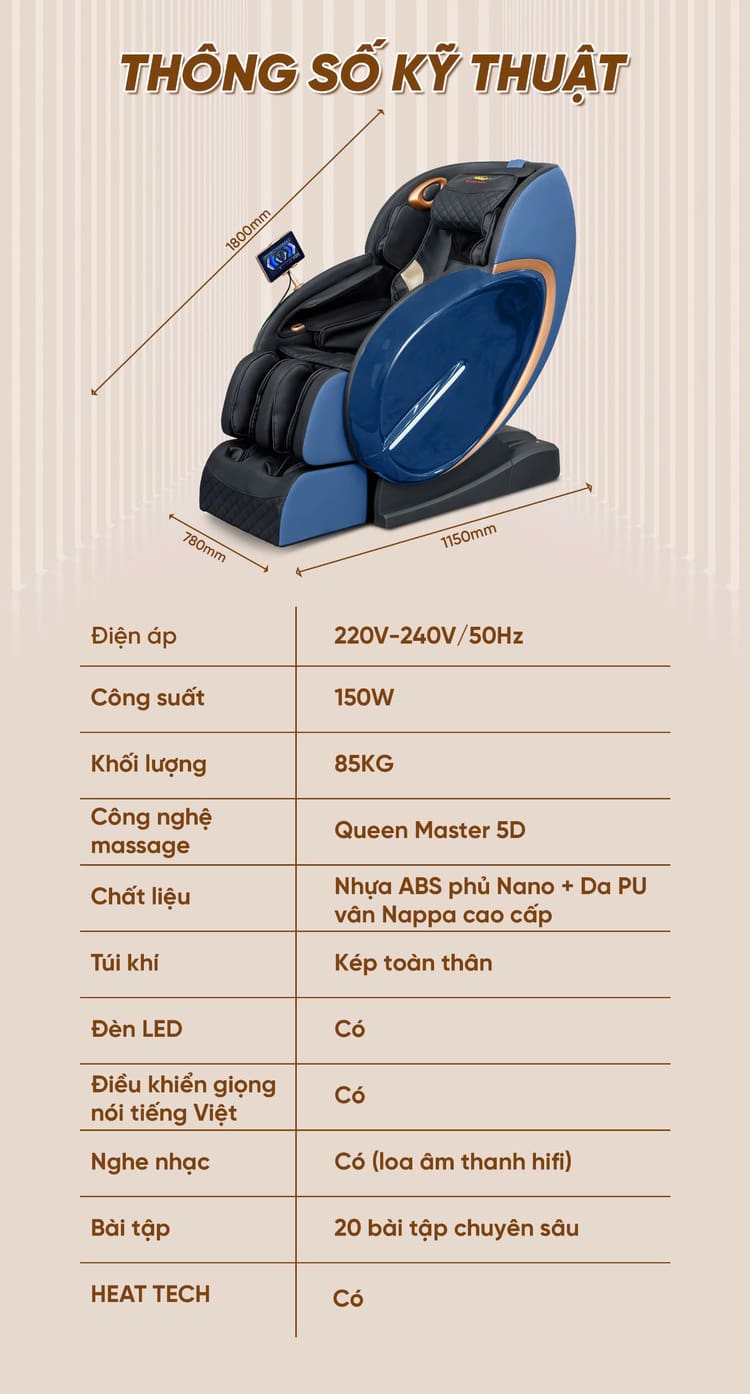 Ghế massage Queen Crown QL05 Pro-X - Thông số kỹ thuật