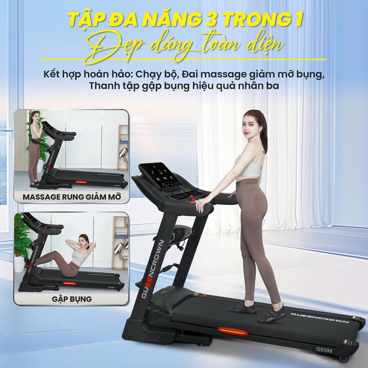 Máy chạy bộ Queen Crown QS 598 - 3in1 tiện ích tập hiệu quả