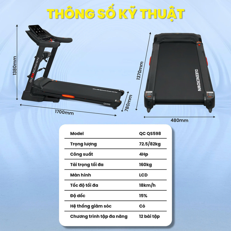 Máy chạy bộ Queen Crown QS 598 - Thông số kỹ thuật