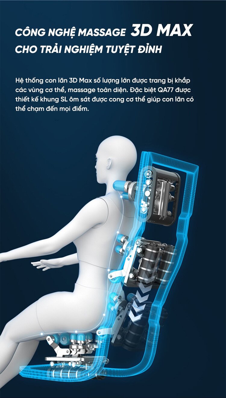 Ghế massage Queen Crown QA77 trang bị con lăn 3D max hiện đại